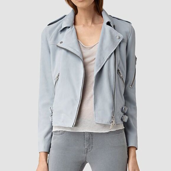 All Saints Pale Blue Leather Latham Biker Jacket US 8 - Picture 1 of 9